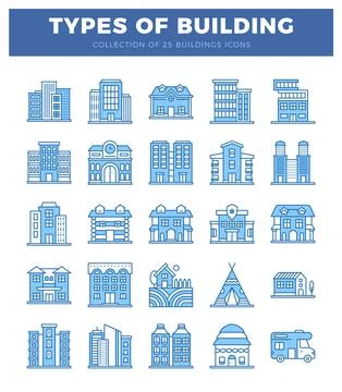 Modern building icons on a white background. displayed in neat rows and colum Ilustração Stock