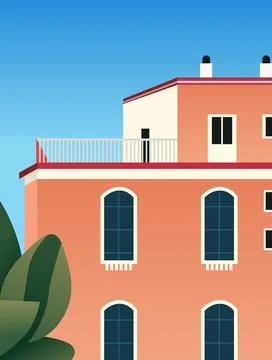 Modern building with large arched windows rooftop terrace and green foliage Ilustración de archivo