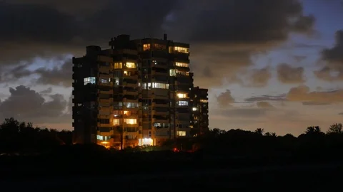 Modern  Building. Night Lights. time lapse Stock Footage 96224627