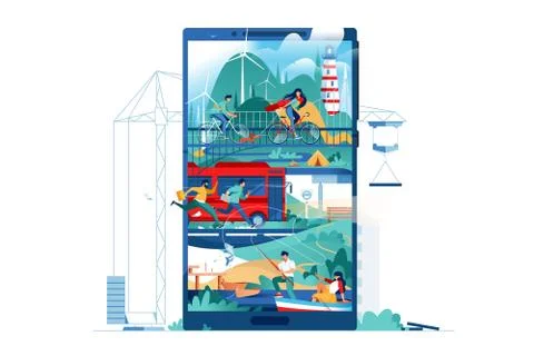 Modern building people live using city in phone. Stock Illustration