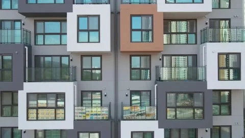 The modern building of residential complex close-up front view, urban geometry. Stock Footage 149159047