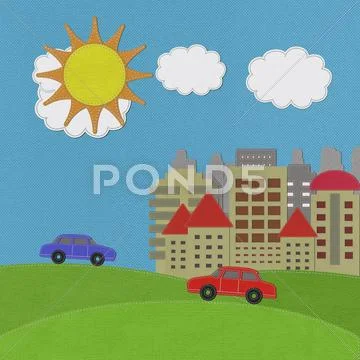 Modern building with stitch style on fabric background Stock Illustration