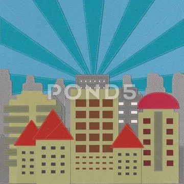 Modern building with stitch style on fabric background Stock Illustration