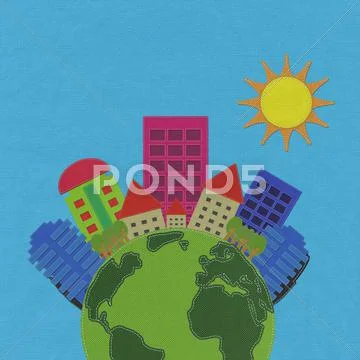 Modern building with stitch style on fabric background Stock Illustration