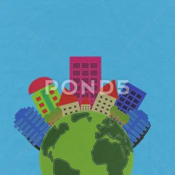Modern building with stitch style on fabric background Stock Illustration