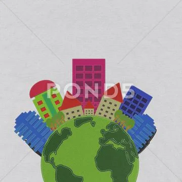 Modern building with stitch style on fabric background Stock Illustration