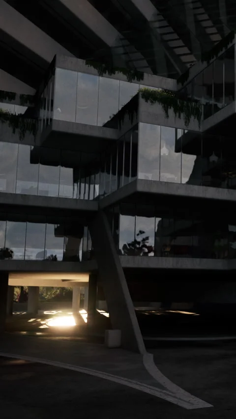 Modern building structure with glass windows at dusk Stock Footage 341982135