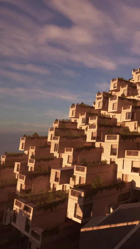 Modern building structure with greenery in vibrant evening light Video stock 335355662