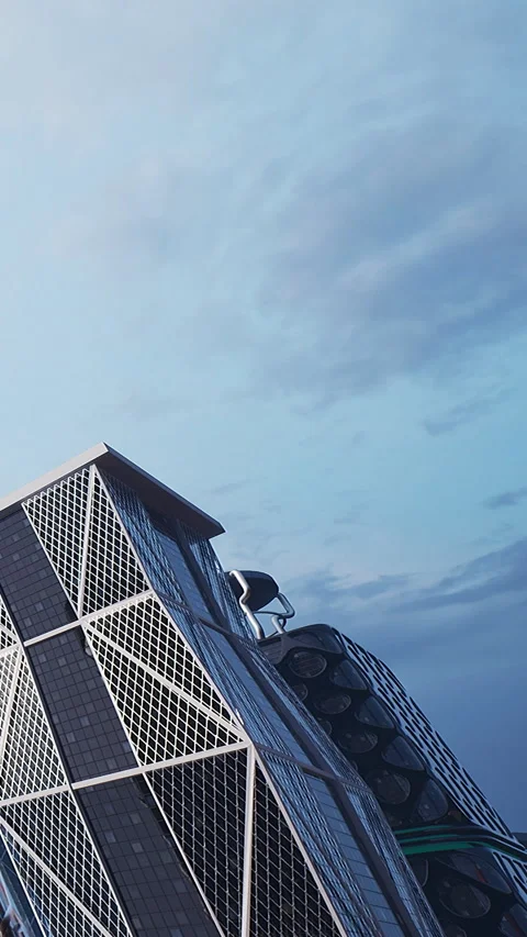 Modern building structure with unique design under cloudy sky Stock Footage 340646385