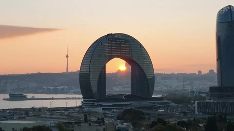 Modern Building Sunset Time Lapse with City Skyline Stock Footage 341903675
