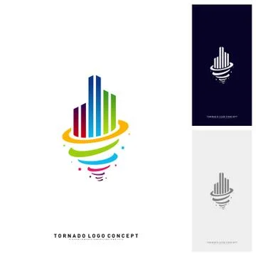 Modern Building Tornado Logo Concept Company. Storm with Building Logo Vector Ilustración de archivo