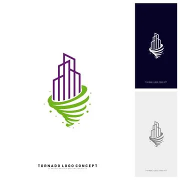 Modern Building Tornado Logo Concept Company. Storm with Building Logo Vector Ilustración de archivo