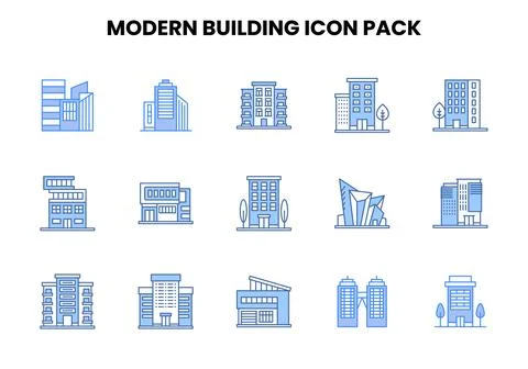 Modern Building Two Colour UI Icons Pack Stock Illustration