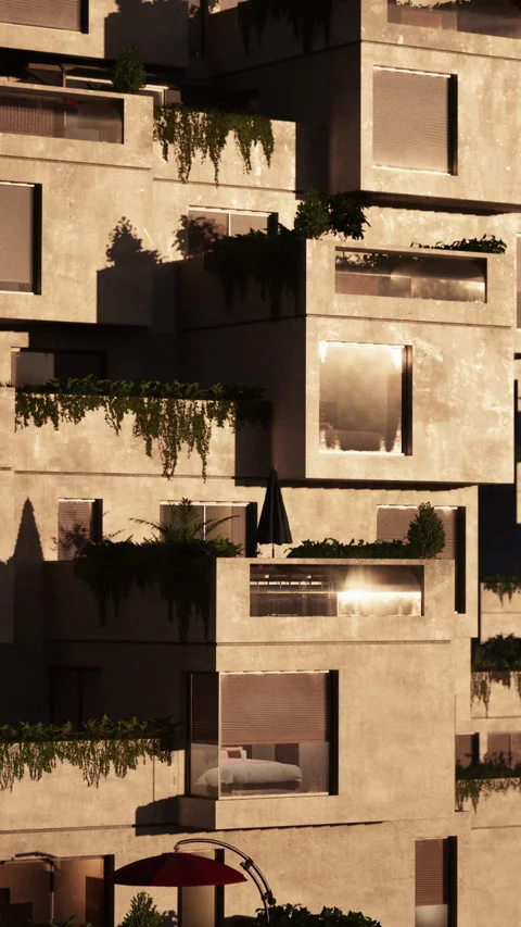 Modern building with unique design and natural elements in urban area Stock Footage 338350279