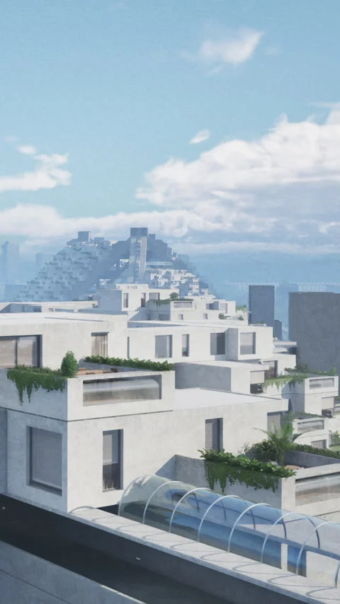 Modern buildings are designed with flat roofs near a mountain in clear sky Stock Footage 335190030