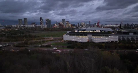 Modern buildings at multilane road at dusk Stock-Footage 167925517