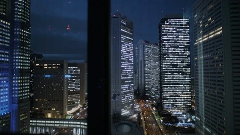 Modern buildings view from elevator at dusk Vídeo Stock 99891743