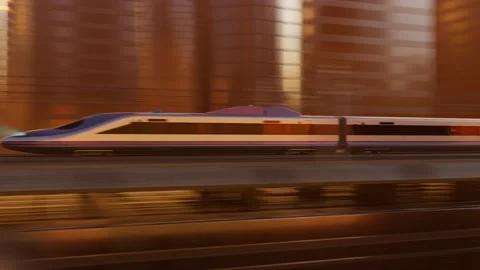 Modern bullet train ride through a city at sunset. High-speed bullet train. Stock Footage 234336045