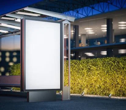Modern bus stop with blank billboard at night. 3d rendering Ilustración de archivo