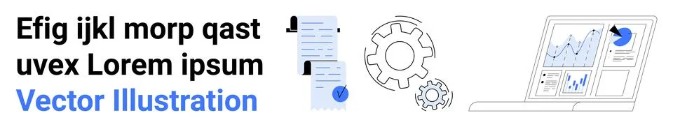 Modern Business Analytics with Text Document, Gear, and Data Charts on Laptop Illustrazione stock