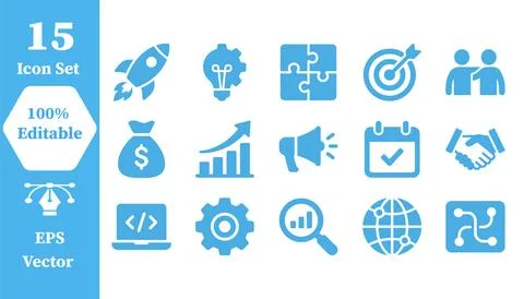 Modern business technology and development vector icon set with business Stock Illustration