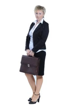 Modern business woman with leather portfolio .isolated on white Stock Photos