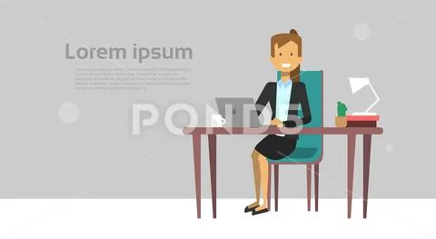 Modern Business Woman Working On Laptop Computer Sit At Office Desk Over Stock Illustrationen