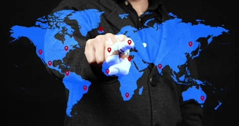 Modern businessman touching a tech blue world map with a lot of GPS locations Video stock 337432788