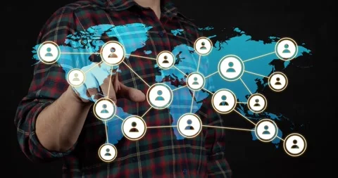 Modern businessman touching a tech networking contacts world map Stock Footage 337429907