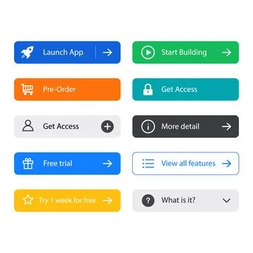 Modern button collection with colorful UI controls, rounded rectangles, blu.. Stock Illustration