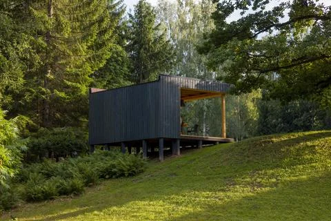 Modern cabin in a tranquil forest setting. Contemporary design blends with na Foto stock