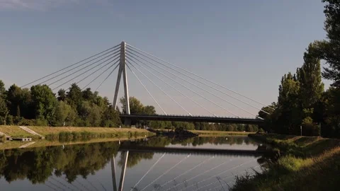 Modern cable stayed bridge crossing calm river with trees reflecting in the wate Stock Footage 315159505