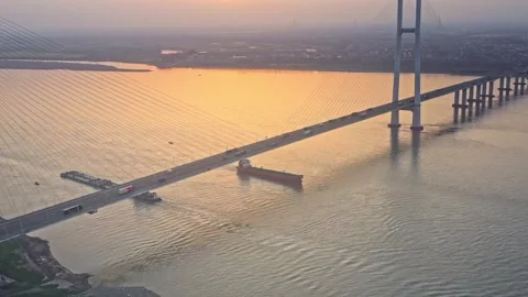 Modern cable-stayed bridge on dongting lake,yueyang,China Stock Footage 324710319
