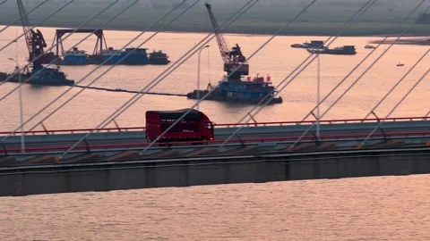 Modern cable-stayed bridge on dongting lake,yueyang,China Stock-Footage 325336014