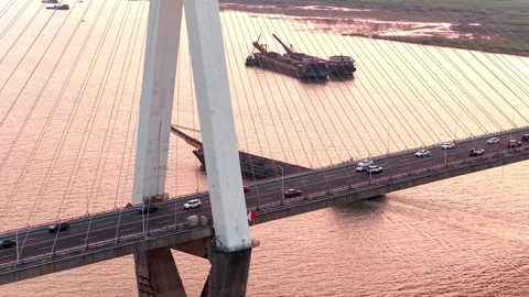 Modern cable-stayed bridge on dongting lake,yueyang,China Stock Footage 325336187