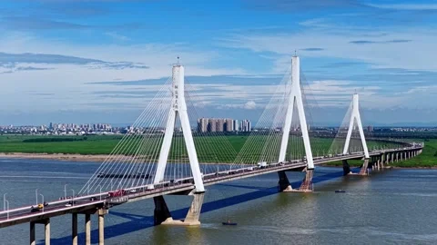 Modern cable-stayed bridge on dongting lake,yueyang,China Stock Footage 325336595
