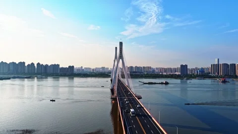 Modern cable-stayed bridge on dongting lake,yueyang,China Stock Footage 325337095
