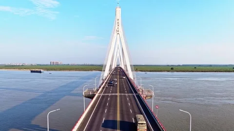 Modern cable-stayed bridge on dongting lake,yueyang,China Stock Footage 325337217