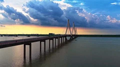 Modern cable-stayed bridge on dongting lake,yueyang,China Stock Footage 325337345