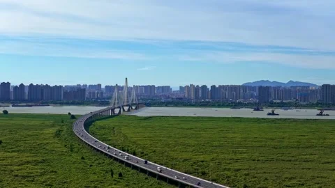 Modern cable-stayed bridge on dongting lake,yueyang,China Stock Footage 325337664