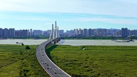Modern cable-stayed bridge on dongting lake,yueyang,China Stock Footage 325337859