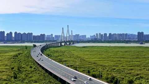 Modern cable-stayed bridge on dongting lake,yueyang,China Stock Footage 325337937
