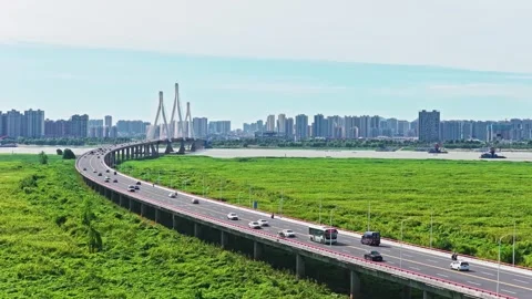 Modern cable-stayed bridge on dongting lake,yueyang,China Stock Footage 325338027