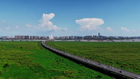 Modern cable-stayed bridge on dongting lake,yueyang,China Stock Footage 325338227