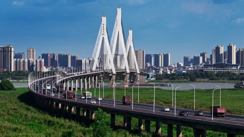 Modern cable-stayed bridge on dongting lake,yueyang,China Stock Footage 325338373