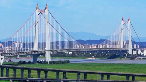 Modern cable-stayed bridge on dongting lake,yueyang,China Stock Footage 325338545