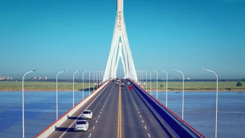 Modern cable-stayed bridge on dongting lake,yueyang,China Stock Footage 325338850