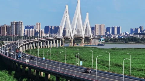 Modern cable-stayed bridge on dongting lake,yueyang,China Stock Footage 325339424