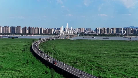 Modern cable-stayed bridge on dongting lake,yueyang,China Video stock 325339560