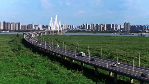 Modern cable-stayed bridge on dongting lake,yueyang,China Stock Footage 325339981